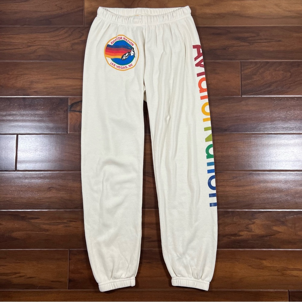 Aviator Nation Cream Track Pants with Rainbow Logo
